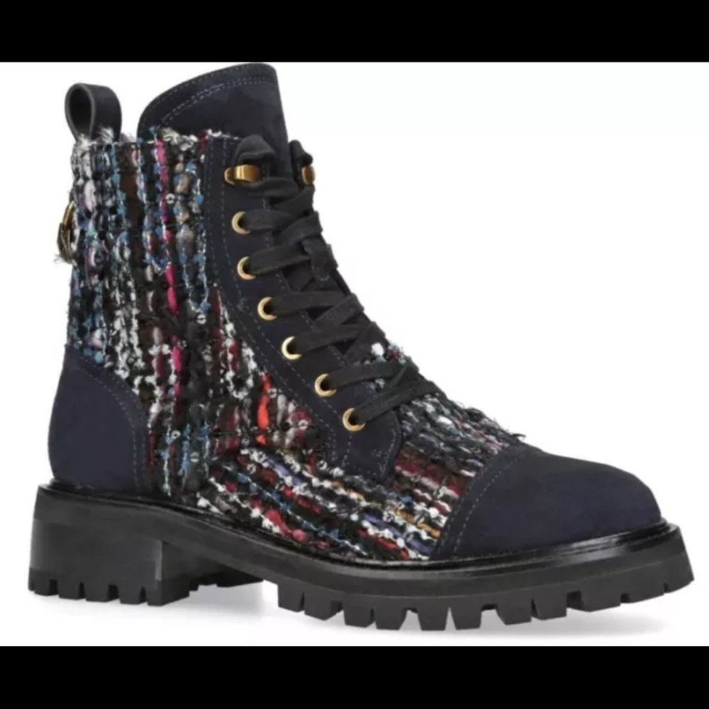 KURT GEIGER Womens Kensington Tweed Suede Combat Boots Blue Multi Size 40.5